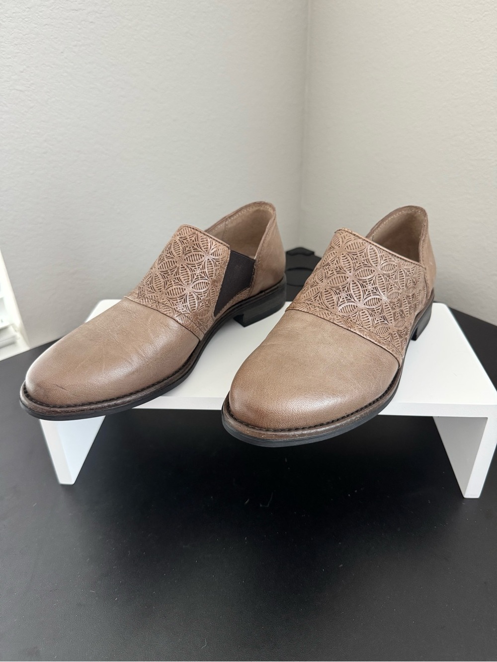 Miz Mooz Taupe Leather Ankle Booties with Laser-Cut Vamp